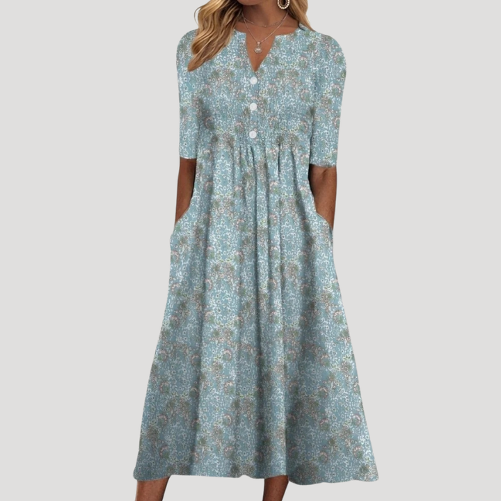 Women's Blue Floral Maxi Pocket Dress V Neck Button Front