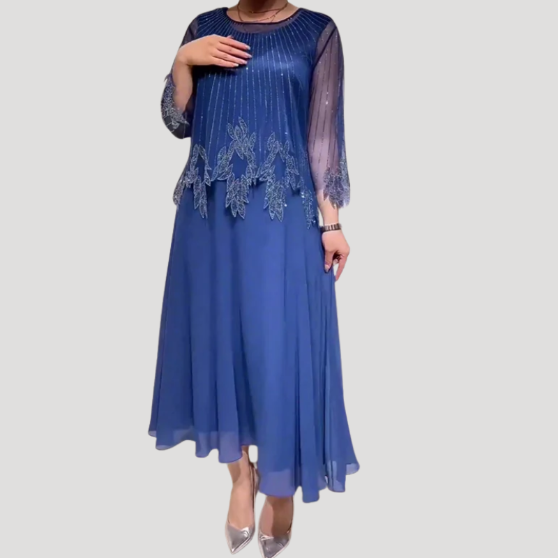 Women's Maxi Chiffon Dress Mesh Embroidered Long Sleeve