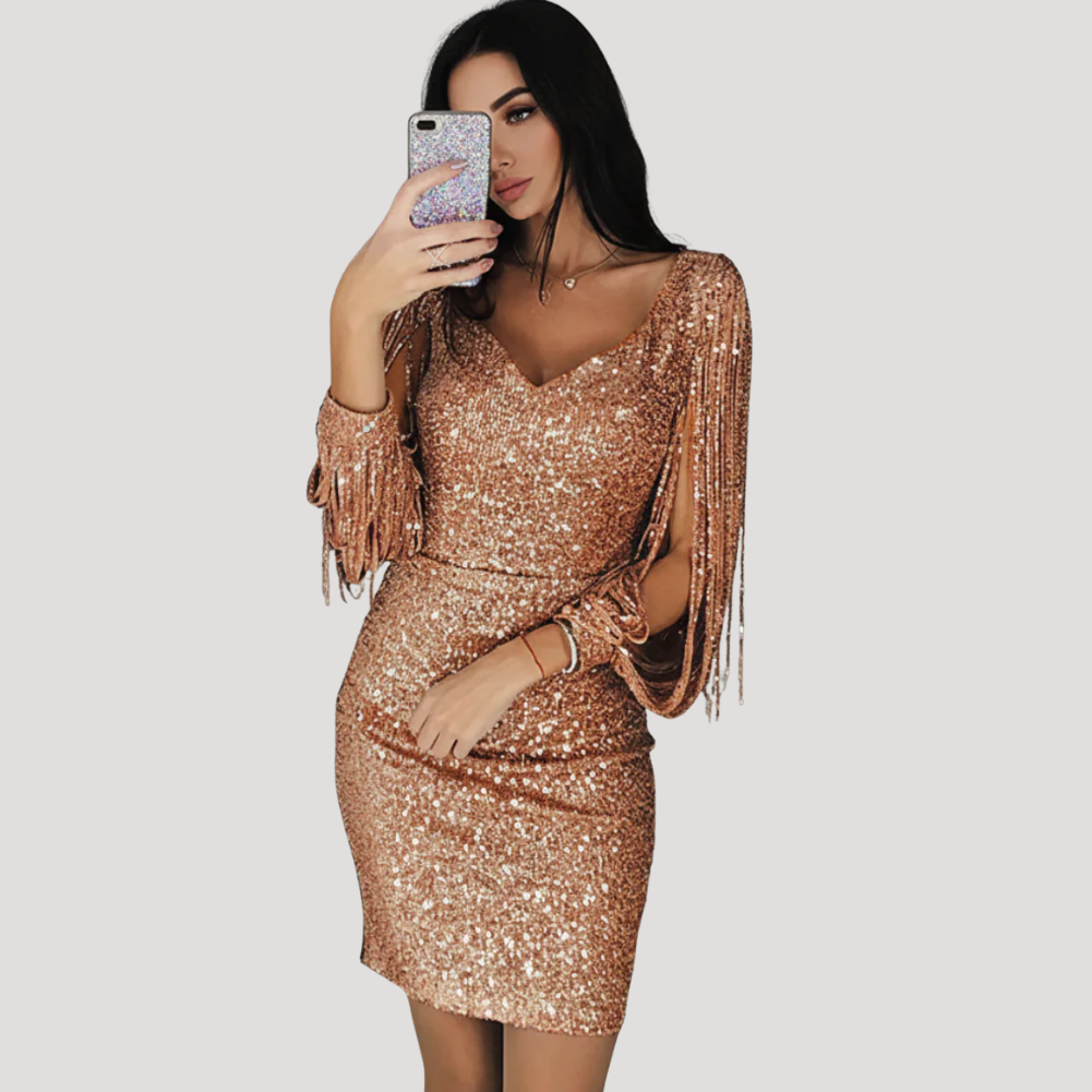 Women's Sequin Bodycon Mini Dress Long Sleeve Fringe Glitter
