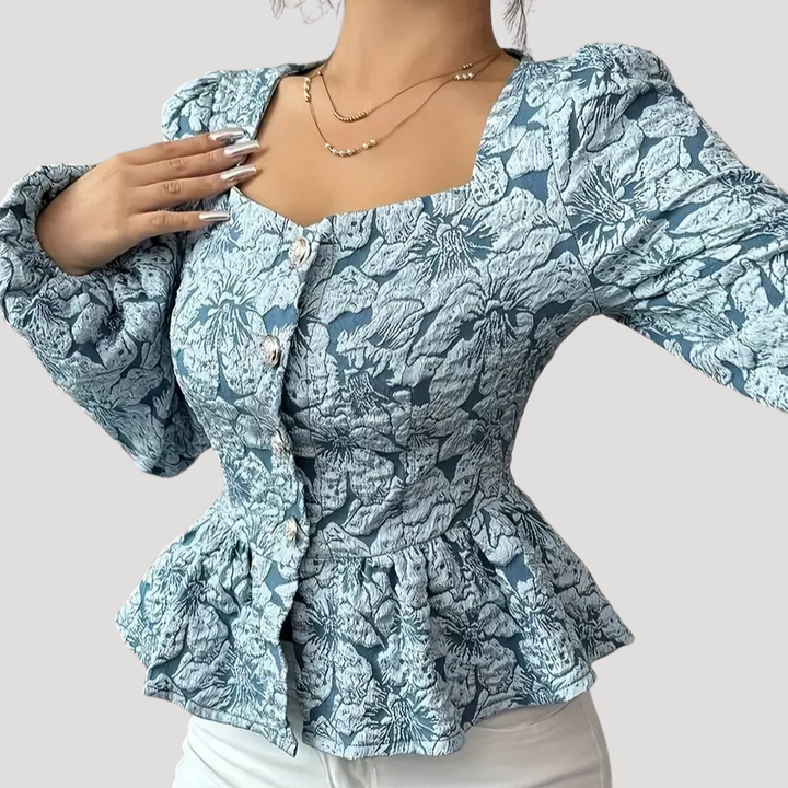 Women's Blue Floral Peplum Blouse Long Sleeve Puff Sleeve