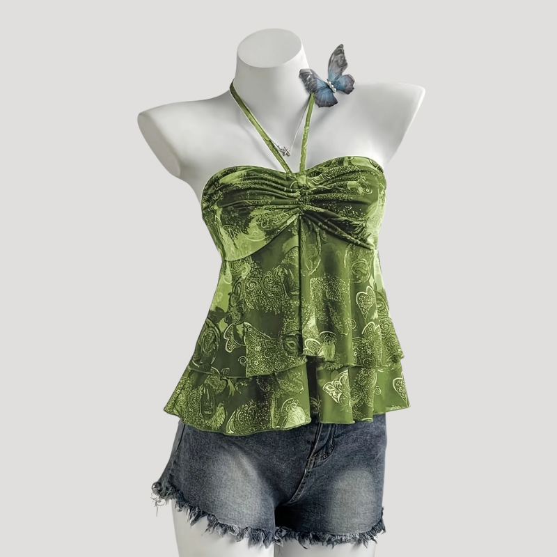 Women's Cami Top Halter Tie Neck Floral Satin Peplum