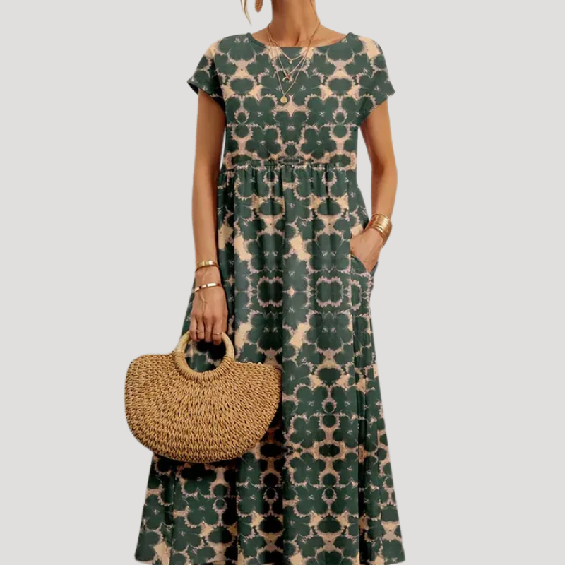 Women's Floral Midi Pocket Round Neck Short Sleeve Dress