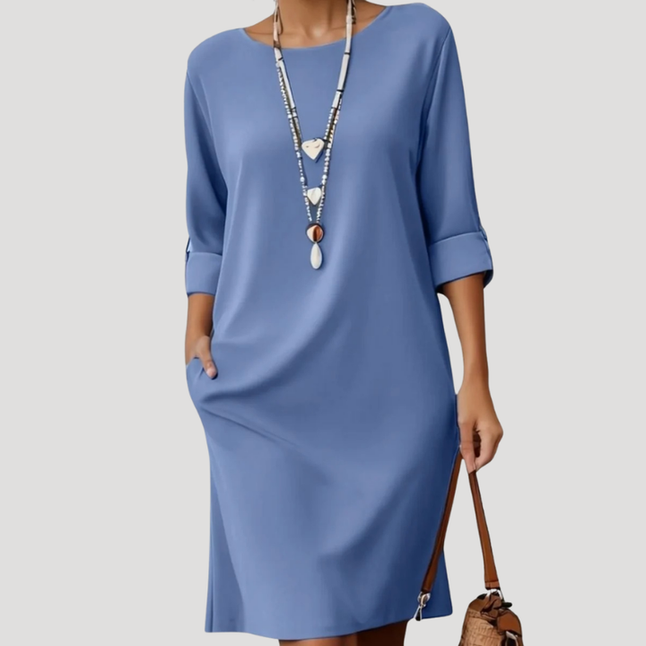 Women's Midi Shift Dress Three Quarter Sleeve Round Neck Casual