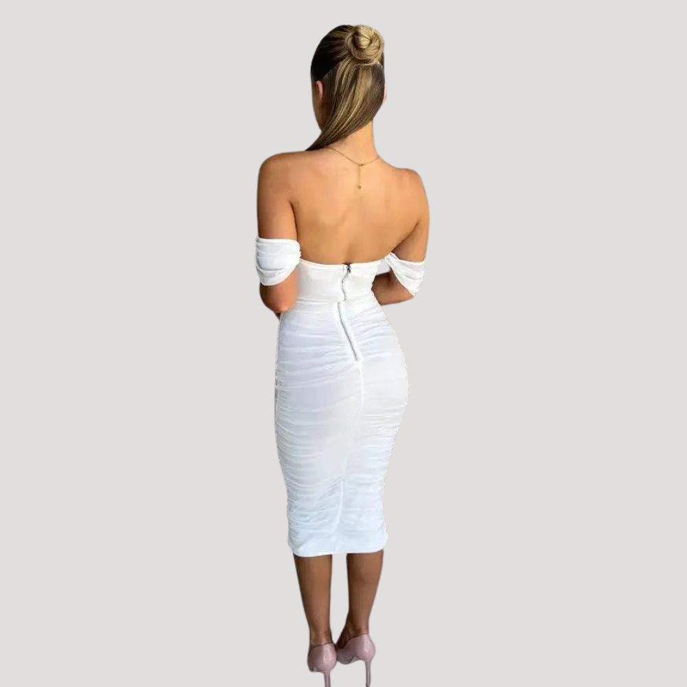 Women's White Midi Bodycon Dress Bardot Off Shoulder Ruched