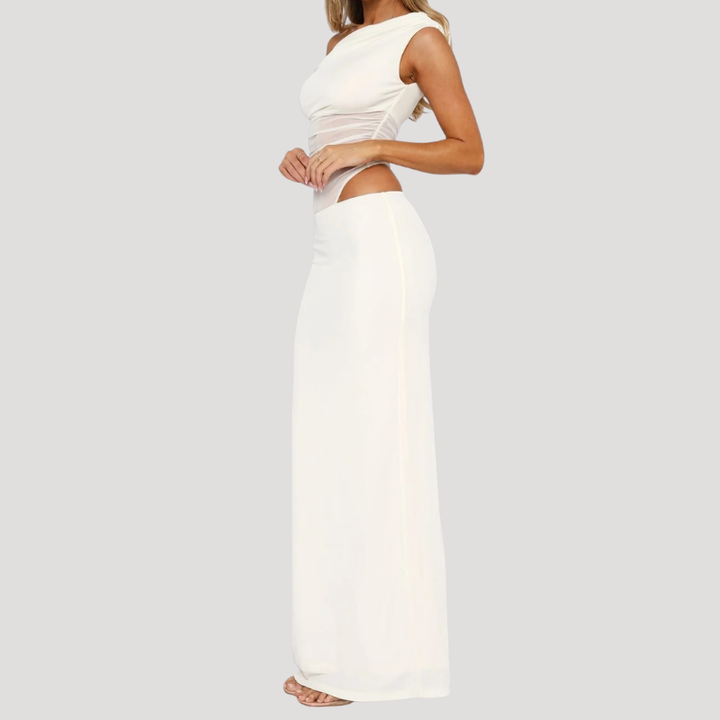 Women's White Maxi Mesh Dress Off Shoulder Bodycon Cut Out