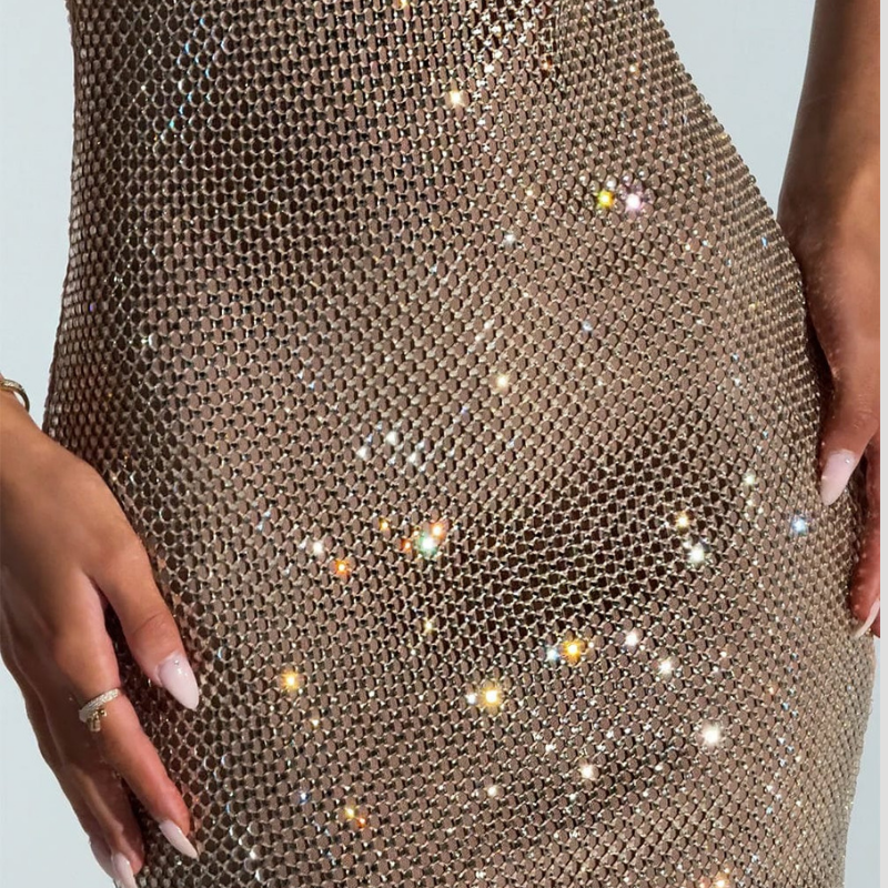 Women's Gold Mini Mesh Dress Bodycon Sleeveless Party