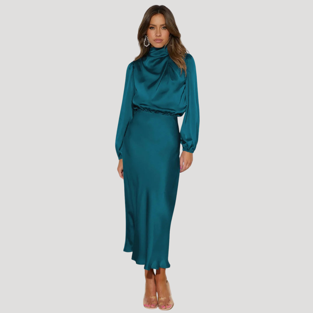 Women's Satin Evening Maxi Dress Long Sleeve High Neck