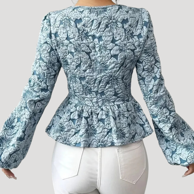 Women's Blue Floral Peplum Blouse Long Sleeve Puff Sleeve