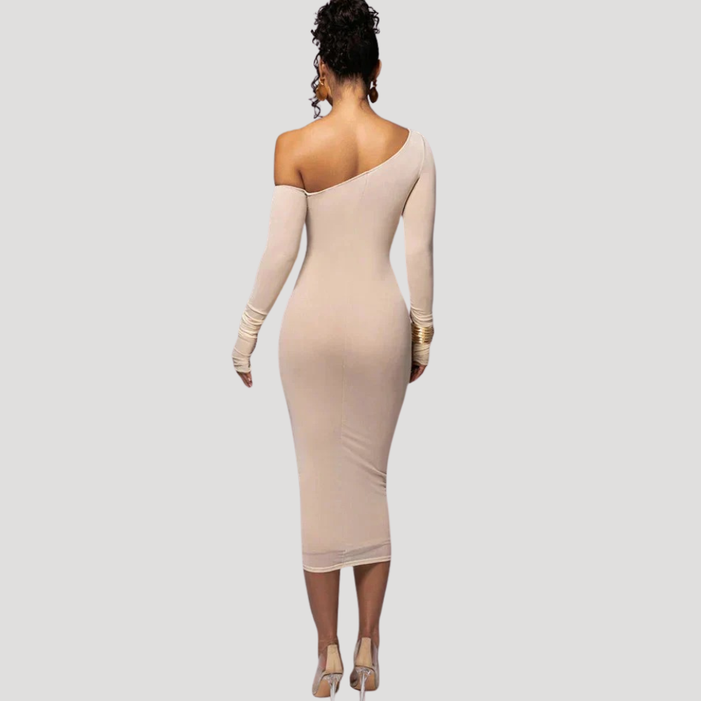 Women's Midi Bodycon Dress One Shoulder Long Sleeve Ruched