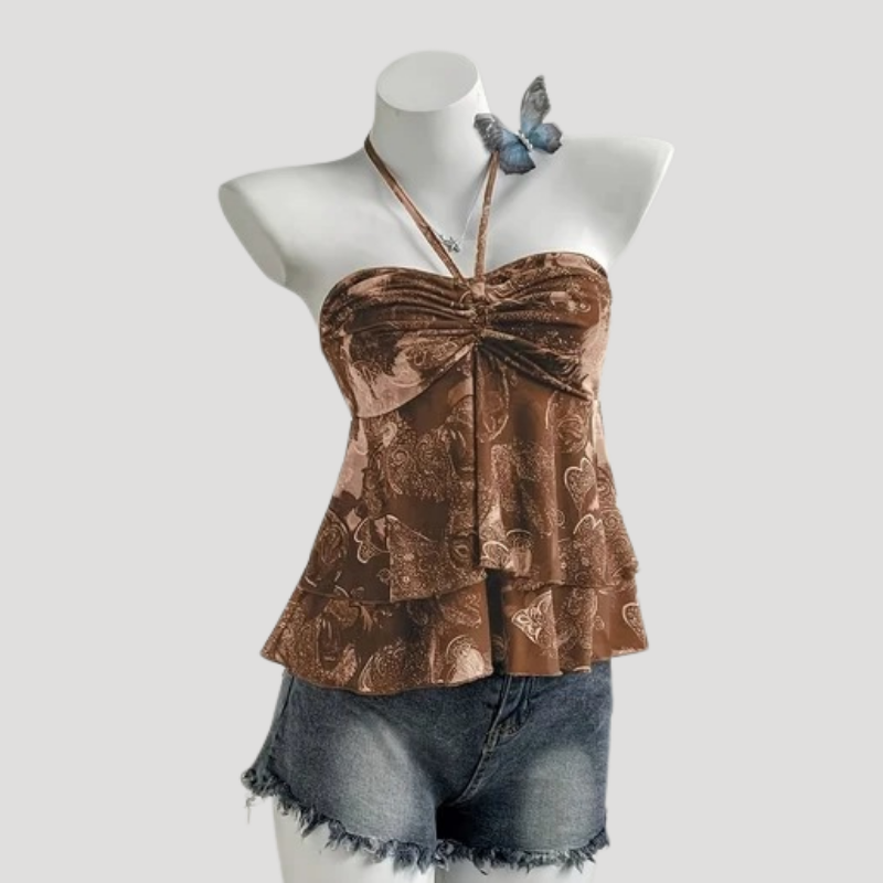 Women's Cami Top Halter Tie Neck Floral Satin Peplum