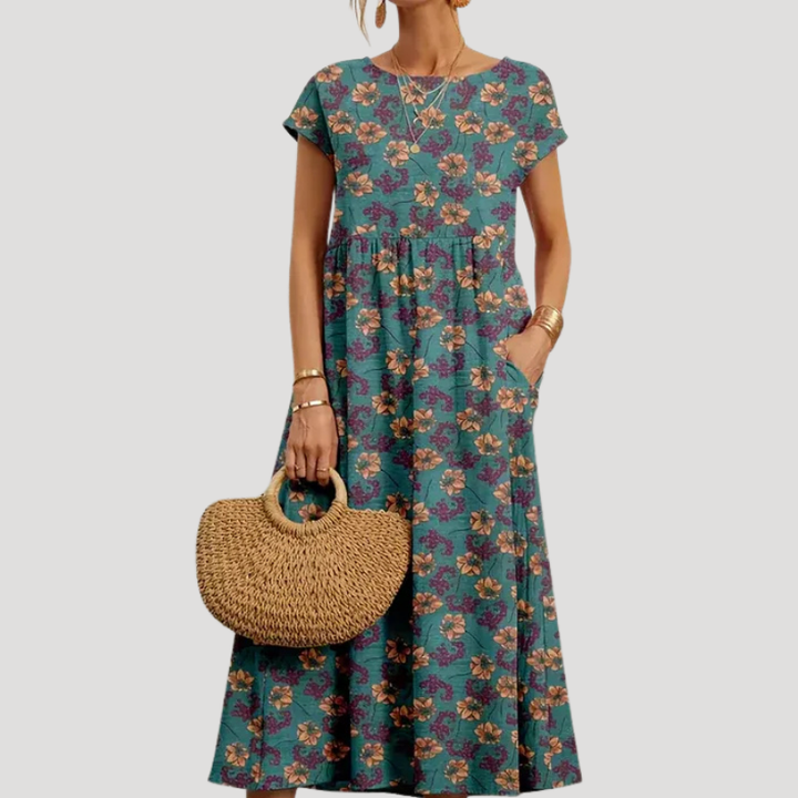Women's Floral Midi Pocket Round Neck Short Sleeve Dress