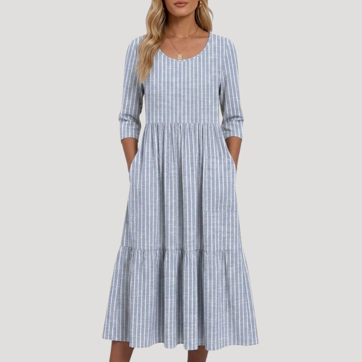 Women's Blue Midi Striped Round Neck Three Quarter Sleeve