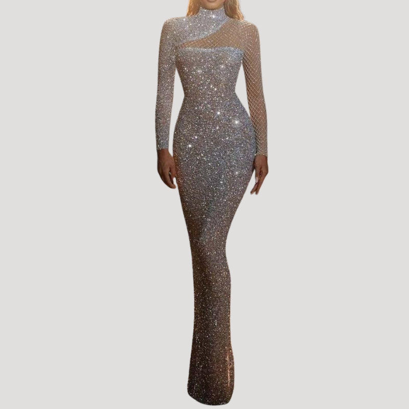 Women's Sequin Maxi Bodycon Mesh High Neck Evening Dress