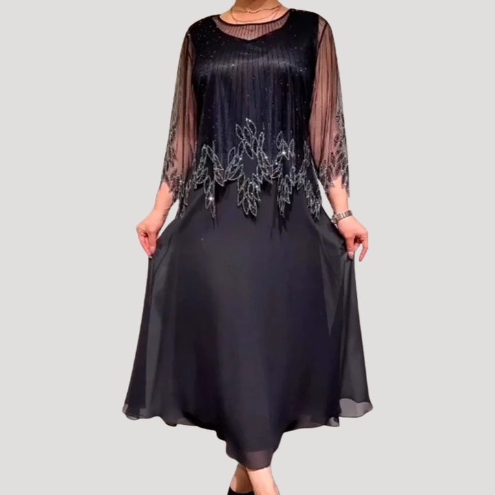 Women's Maxi Chiffon Dress Mesh Embroidered Long Sleeve
