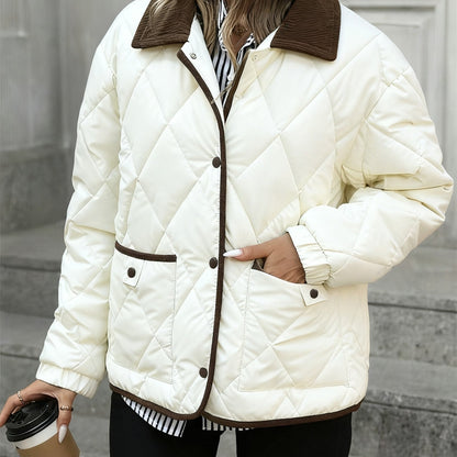 Diamond-Quilted Padded Jacket with Button Front and Relaxed Fit, Contrast Trim