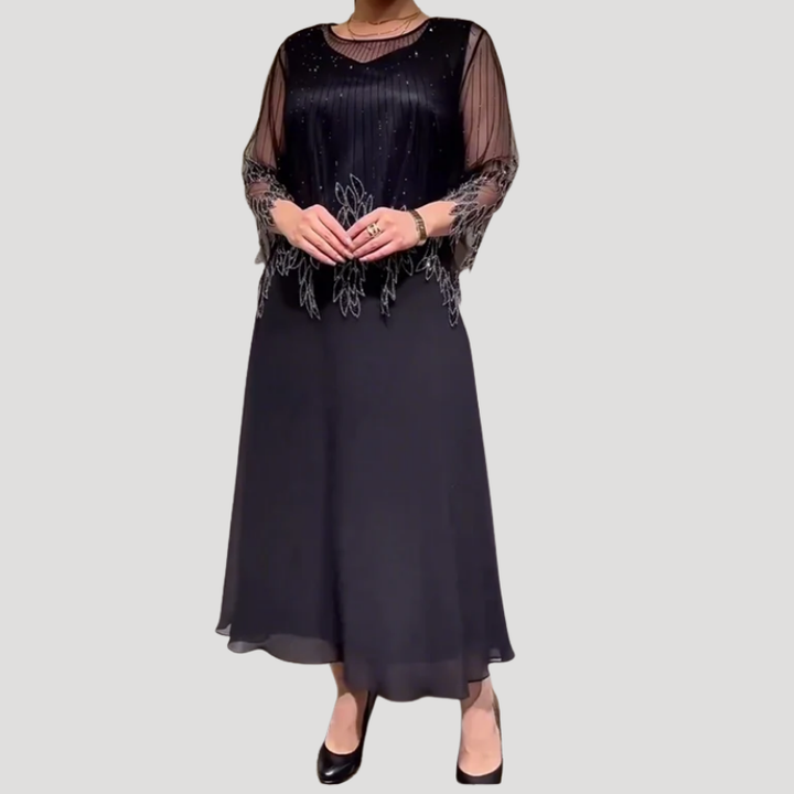 Women's Maxi Chiffon Dress Mesh Embroidered Long Sleeve