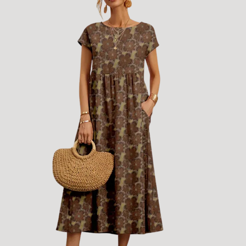Women's Floral Midi Pocket Round Neck Short Sleeve Dress