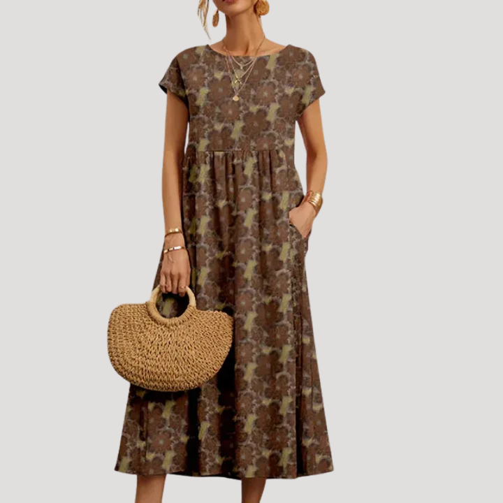 Women's Floral Midi Pocket Round Neck Short Sleeve Dress