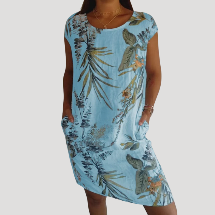 Women's Printed Shift Dress Pocket Round Neck Cap Sleeve