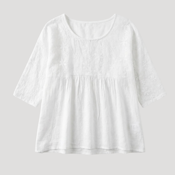 Women's Embroidered Blouse White Peplum Round Neck 3 4 Sleeve