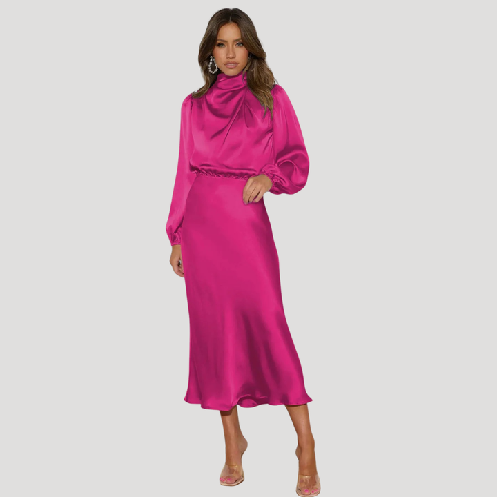 Women's Satin Evening Maxi Dress Long Sleeve High Neck