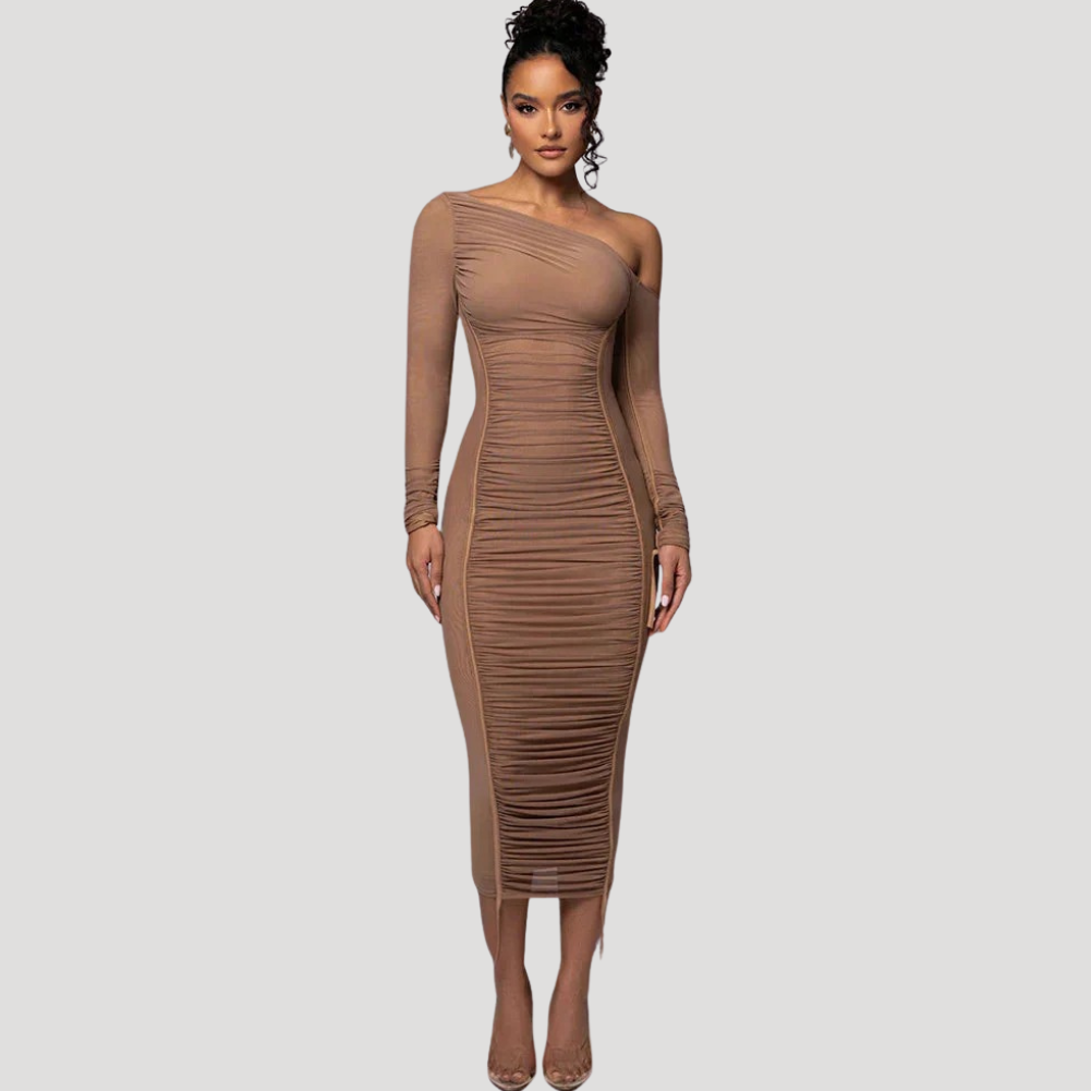 Women's Midi Bodycon Dress One Shoulder Long Sleeve Ruched