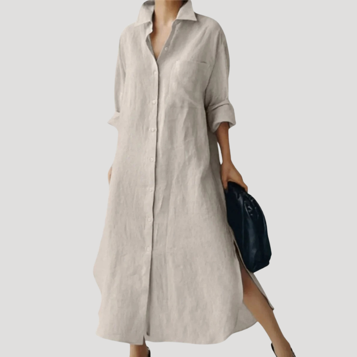 Women's Maxi Shirt Collared Long Sleeve Linen Casual