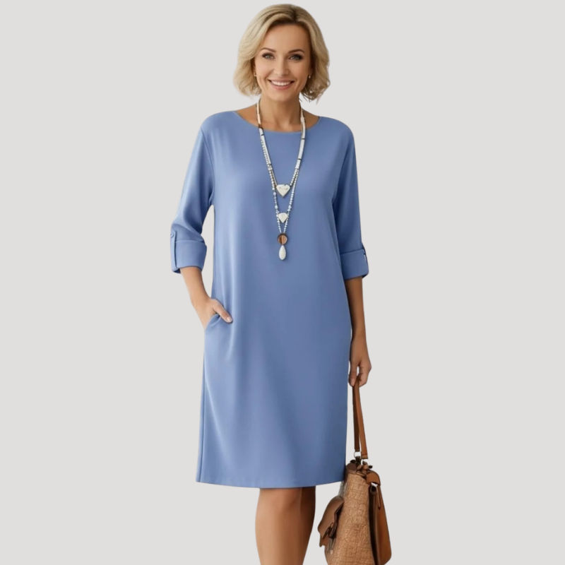 Women's Midi Shift Dress Three Quarter Sleeve Round Neck Casual