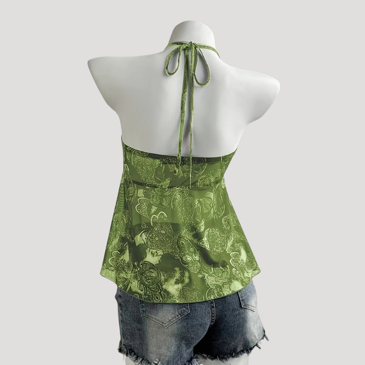 Women's Cami Top Halter Tie Neck Floral Satin Peplum