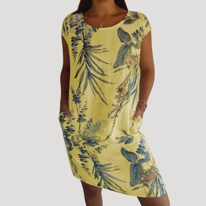 Women's Printed Shift Dress Pocket Round Neck Cap Sleeve