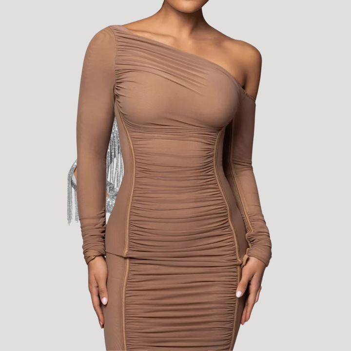 Women's Midi Bodycon Dress One Shoulder Long Sleeve Ruched