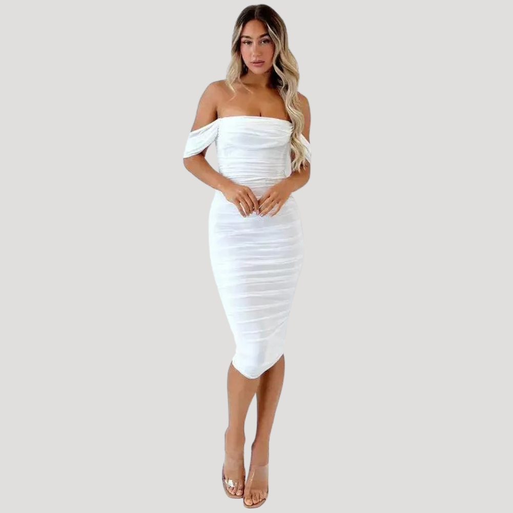 Women's White Midi Bodycon Dress Bardot Off Shoulder Ruched