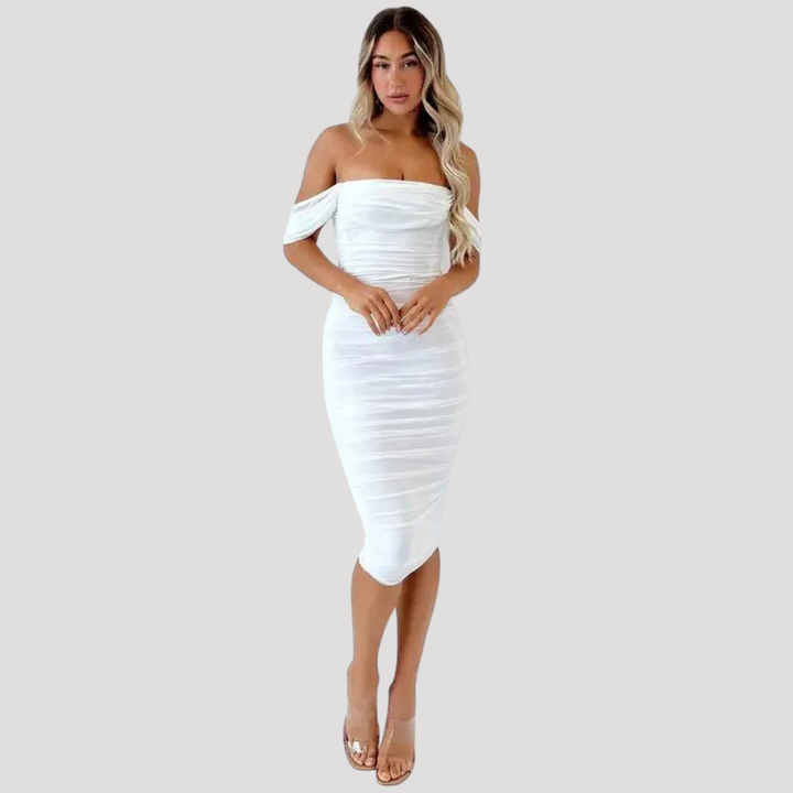 Women's White Midi Bodycon Dress Bardot Off Shoulder Ruched