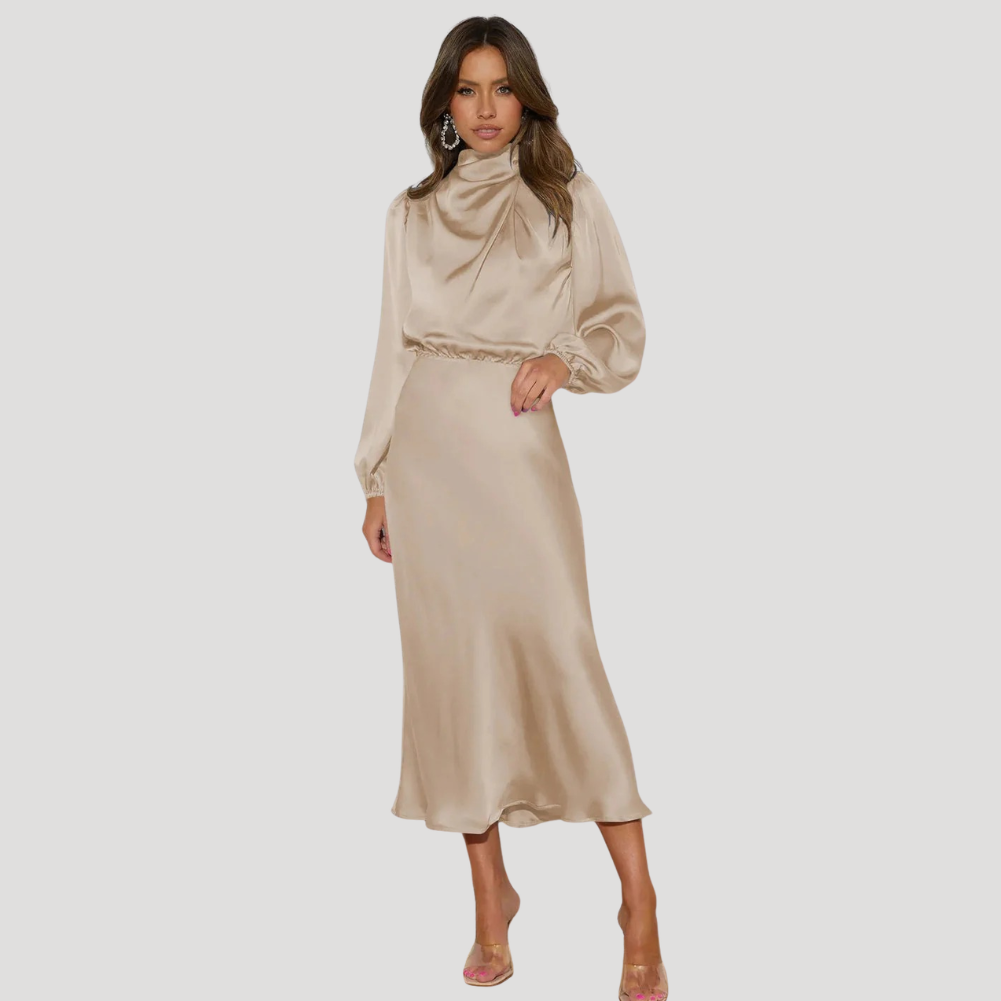 Women's Satin Evening Maxi Dress Long Sleeve High Neck