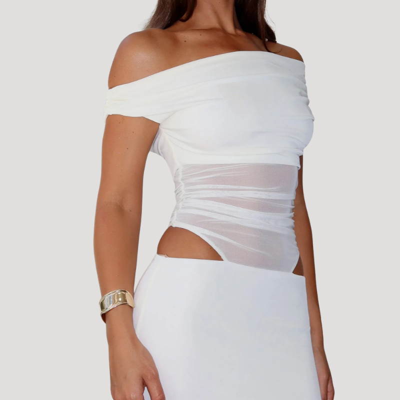 Women's White Maxi Mesh Dress Off Shoulder Bodycon Cut Out
