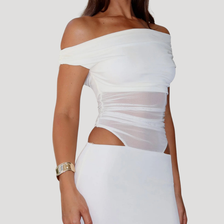 Women's White Maxi Mesh Dress Off Shoulder Bodycon Cut Out