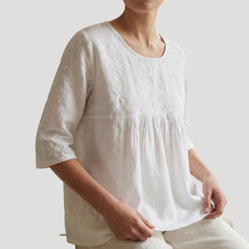 Women's Embroidered Blouse White Peplum Round Neck 3 4 Sleeve