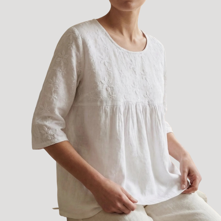 Women's Embroidered Blouse White Peplum Round Neck 3 4 Sleeve