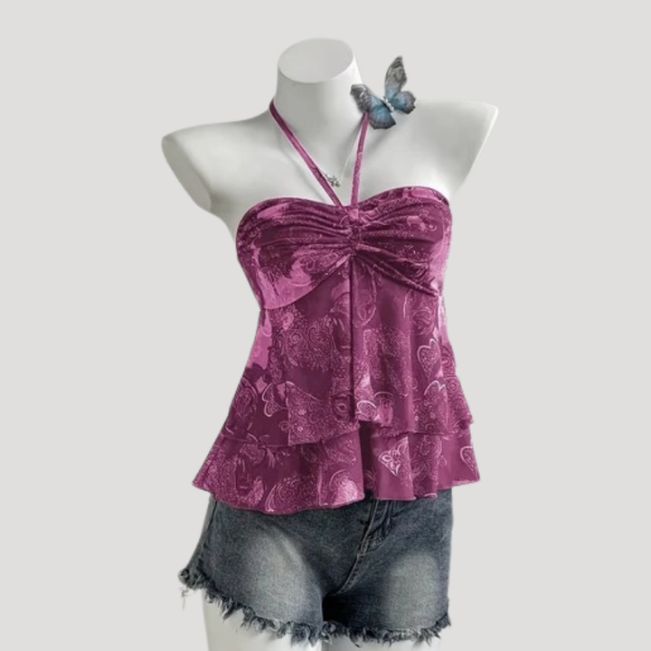 Women's Cami Top Halter Tie Neck Floral Satin Peplum