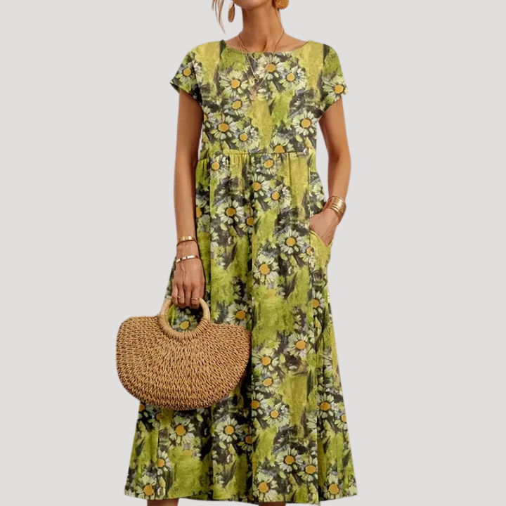 Women's Floral Midi Pocket Round Neck Short Sleeve Dress