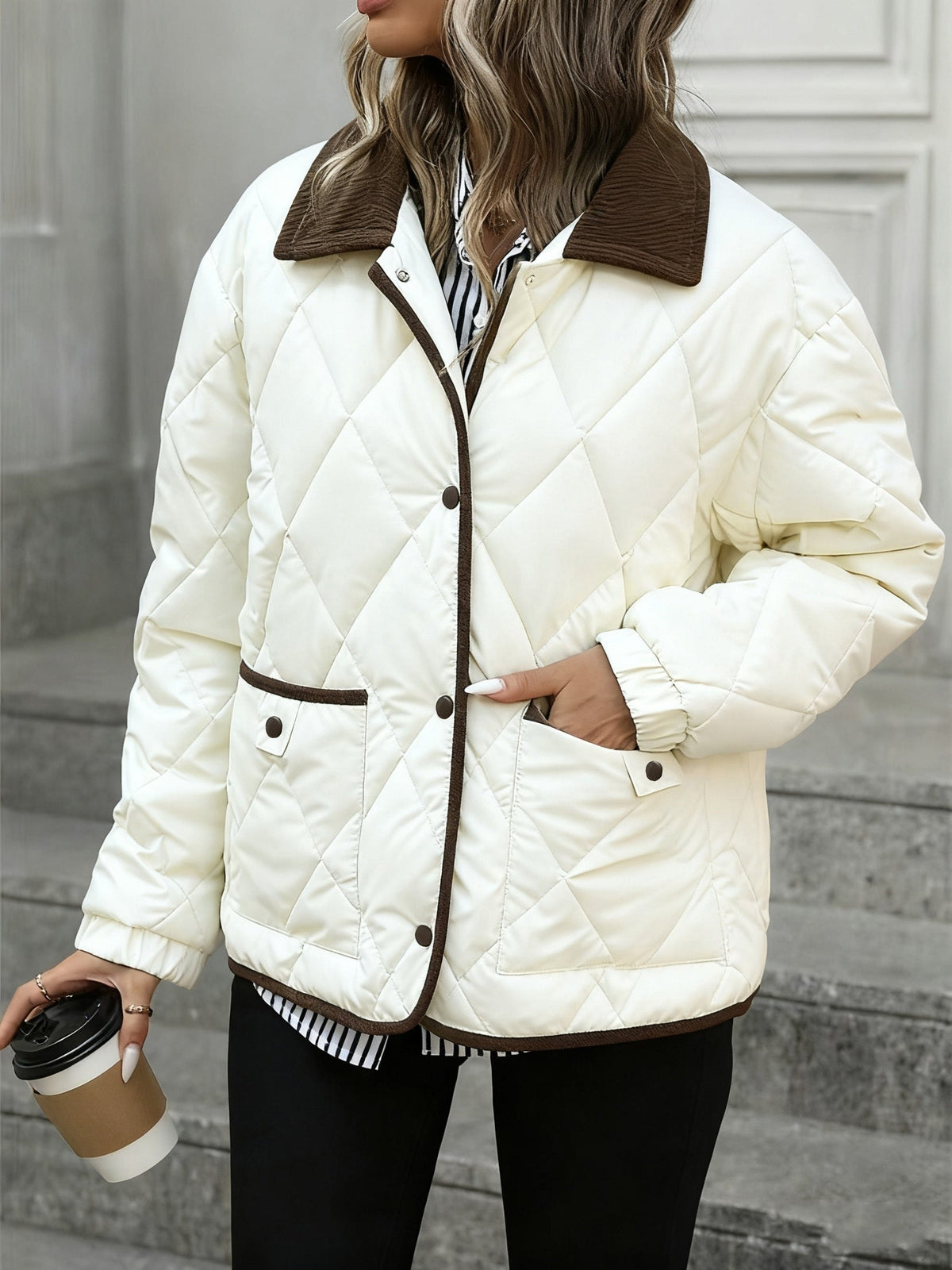 Diamond-Quilted Padded Jacket with Button Front and Relaxed Fit, Contrast Trim