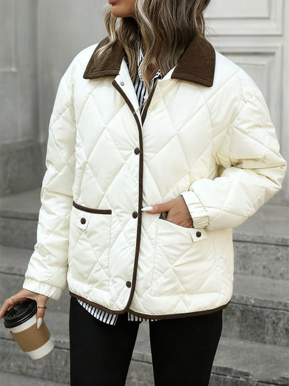 Diamond-Quilted Padded Jacket with Button Front and Relaxed Fit, Contrast Trim