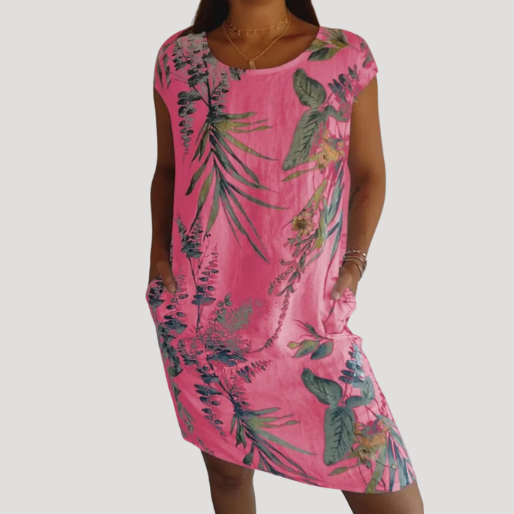 Women's Printed Shift Dress Pocket Round Neck Cap Sleeve