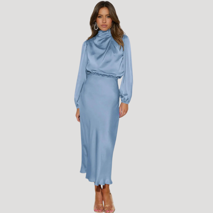 Women's Satin Evening Maxi Dress Long Sleeve High Neck