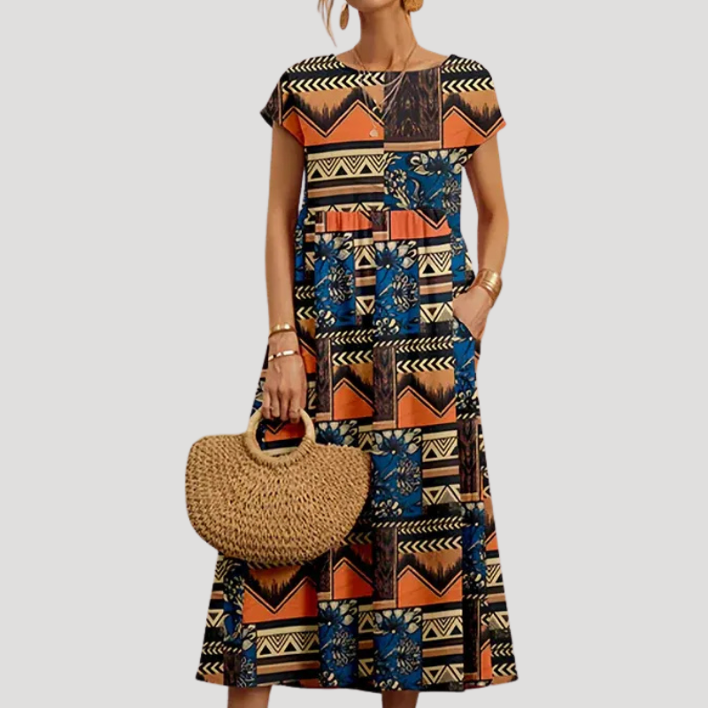 Women's Floral Midi Pocket Round Neck Short Sleeve Dress