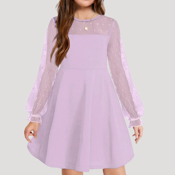 Women's A Line Mesh Dress Round Neck Long Sleeve