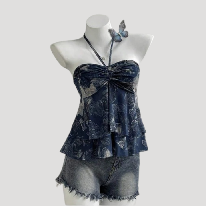 Women's Cami Top Halter Tie Neck Floral Satin Peplum