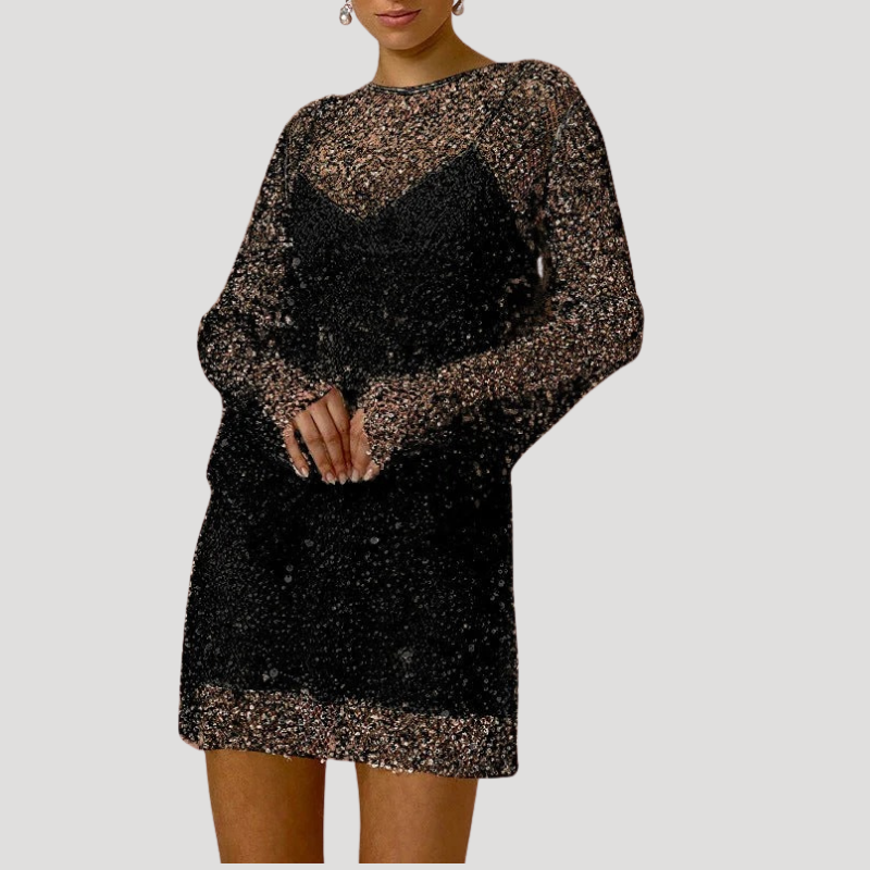 Women's Mini Mesh Dress Sequin Long Sleeve Party