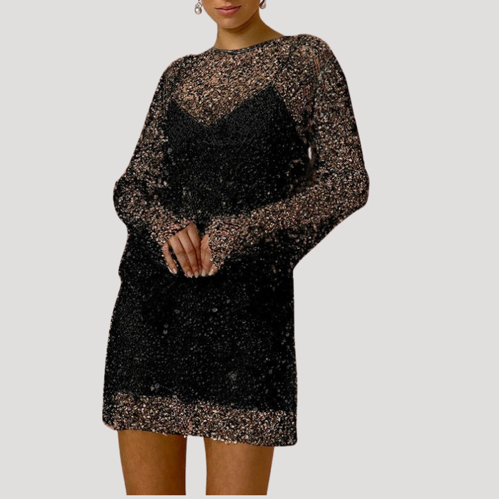 Women's Mini Mesh Dress Sequin Long Sleeve Party