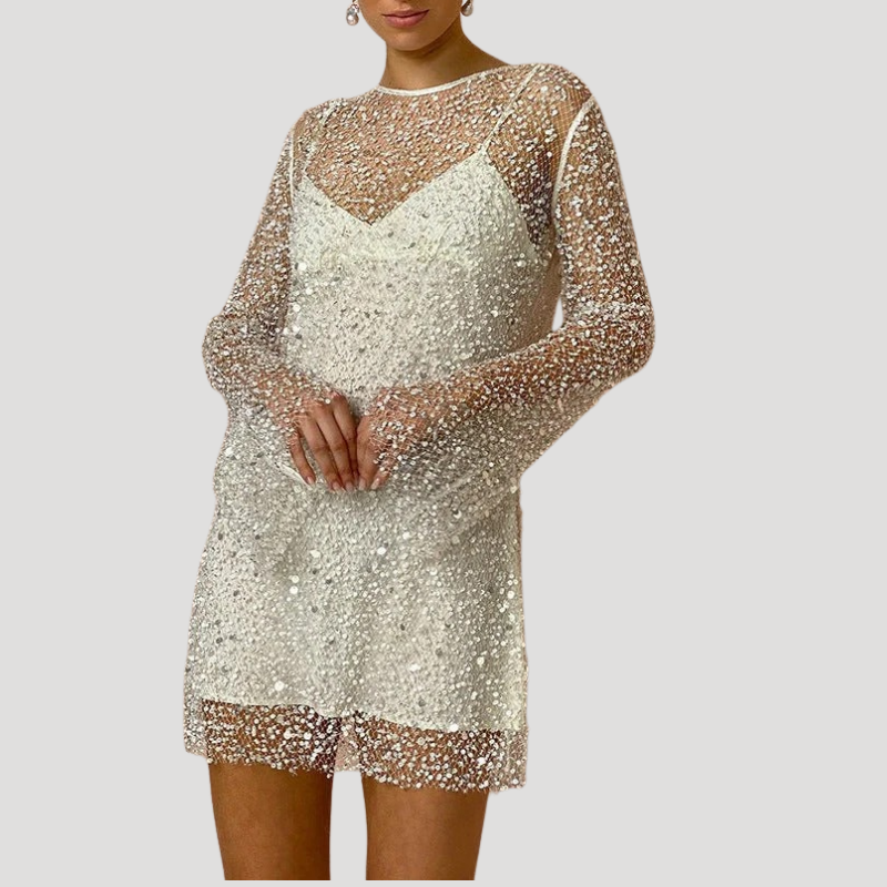 Women's Mini Mesh Dress Sequin Long Sleeve Party
